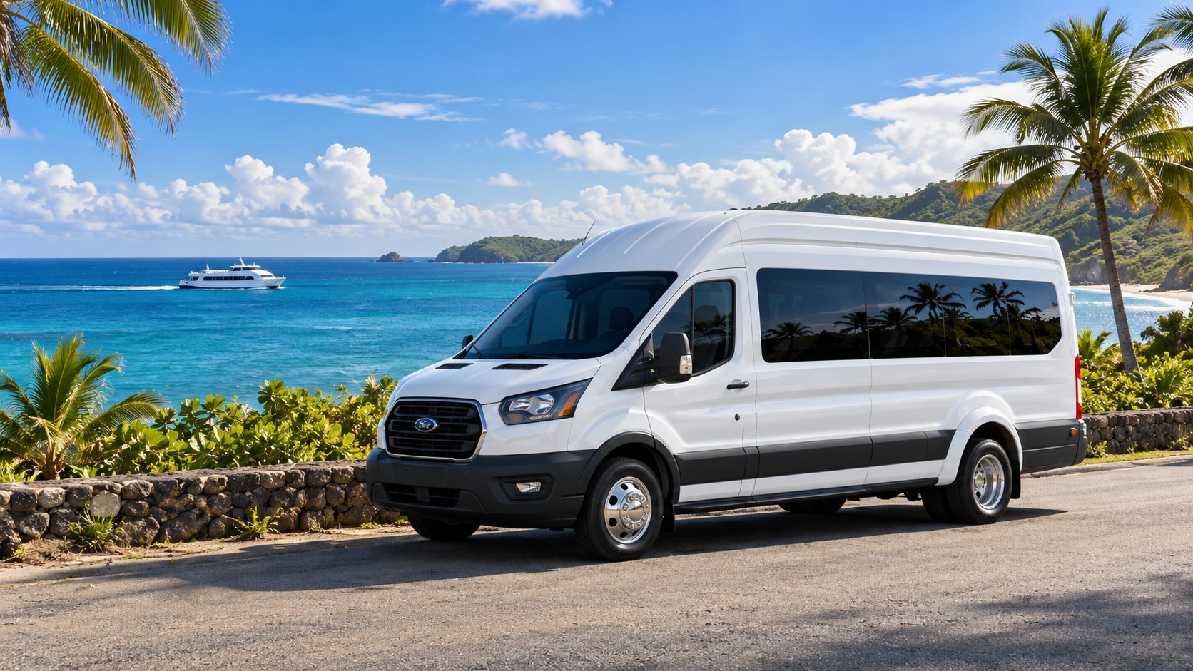 Illustrative white Ford Transit passenger van beside the Puerto Rico coast