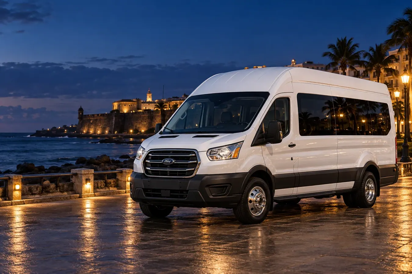Illustrative Ford Transit passenger van near the Old San Juan waterfront at dusk
